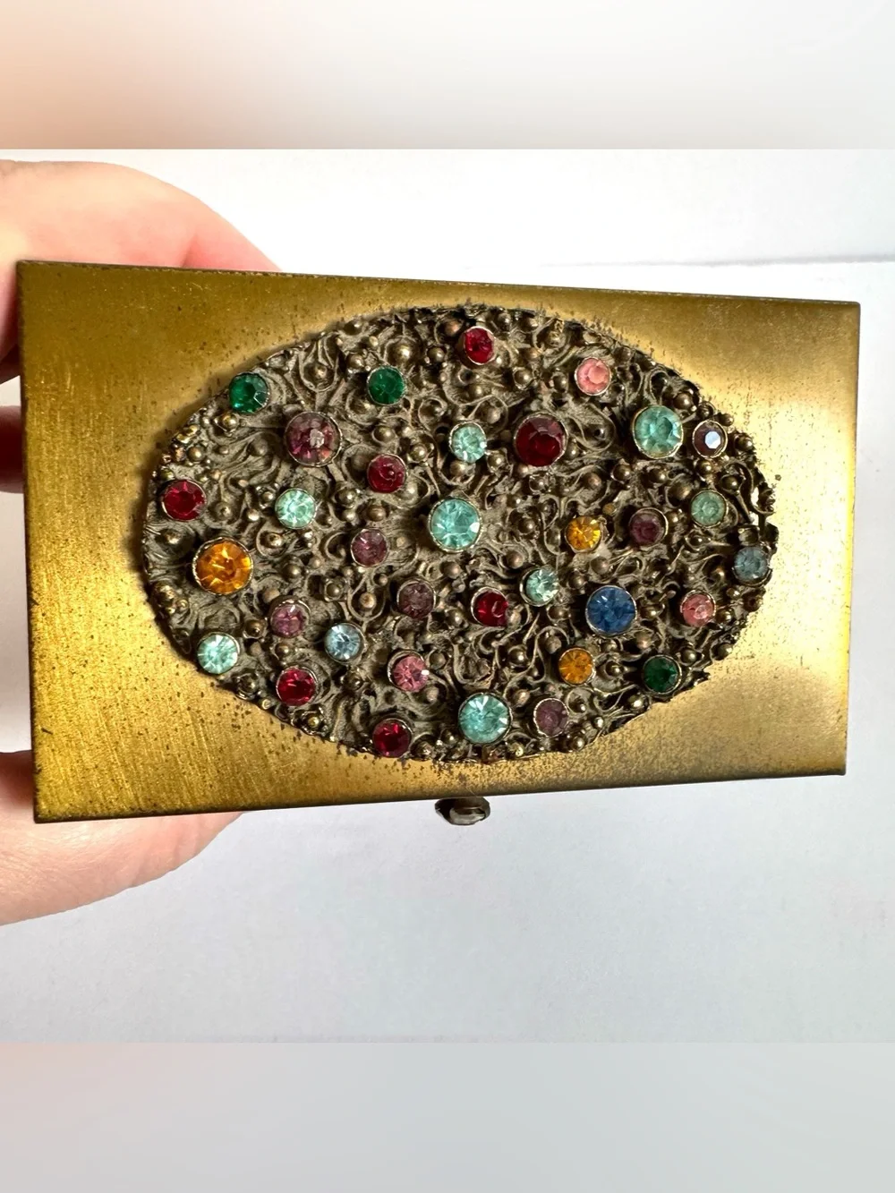 Vtg Brass Accordion Cantilever Jewelry Box Jeweled Rhinestone Hollywood Regency